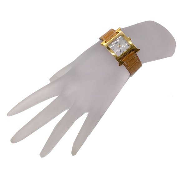 HERMES 2004 TAN / GOLD PLATED CROCODILE SKIN LEATHER 21MM HEURE H WATCH - Picture 1 of 10